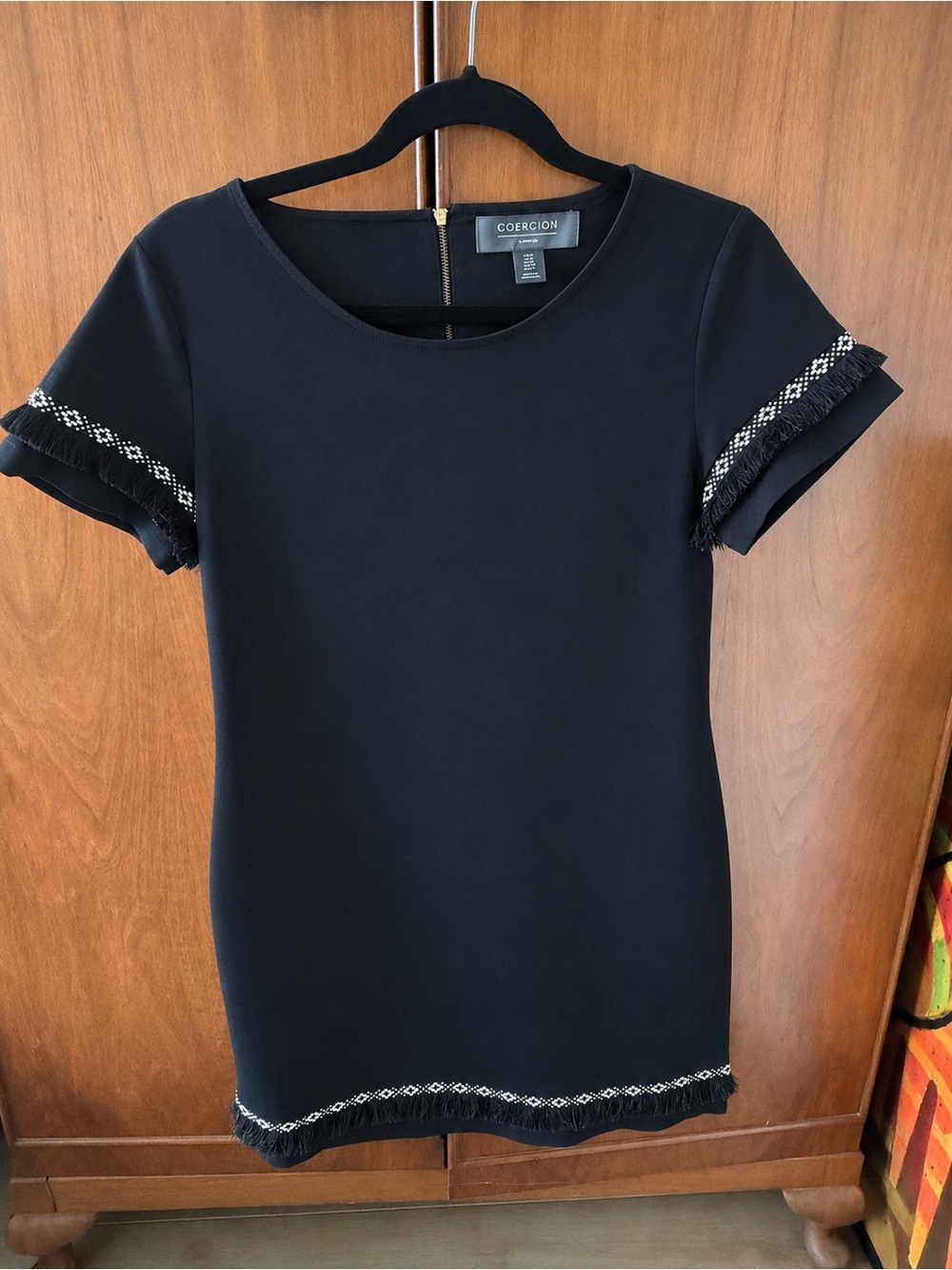 Black Short-Sleeve Mini Dress with Fringe Trim